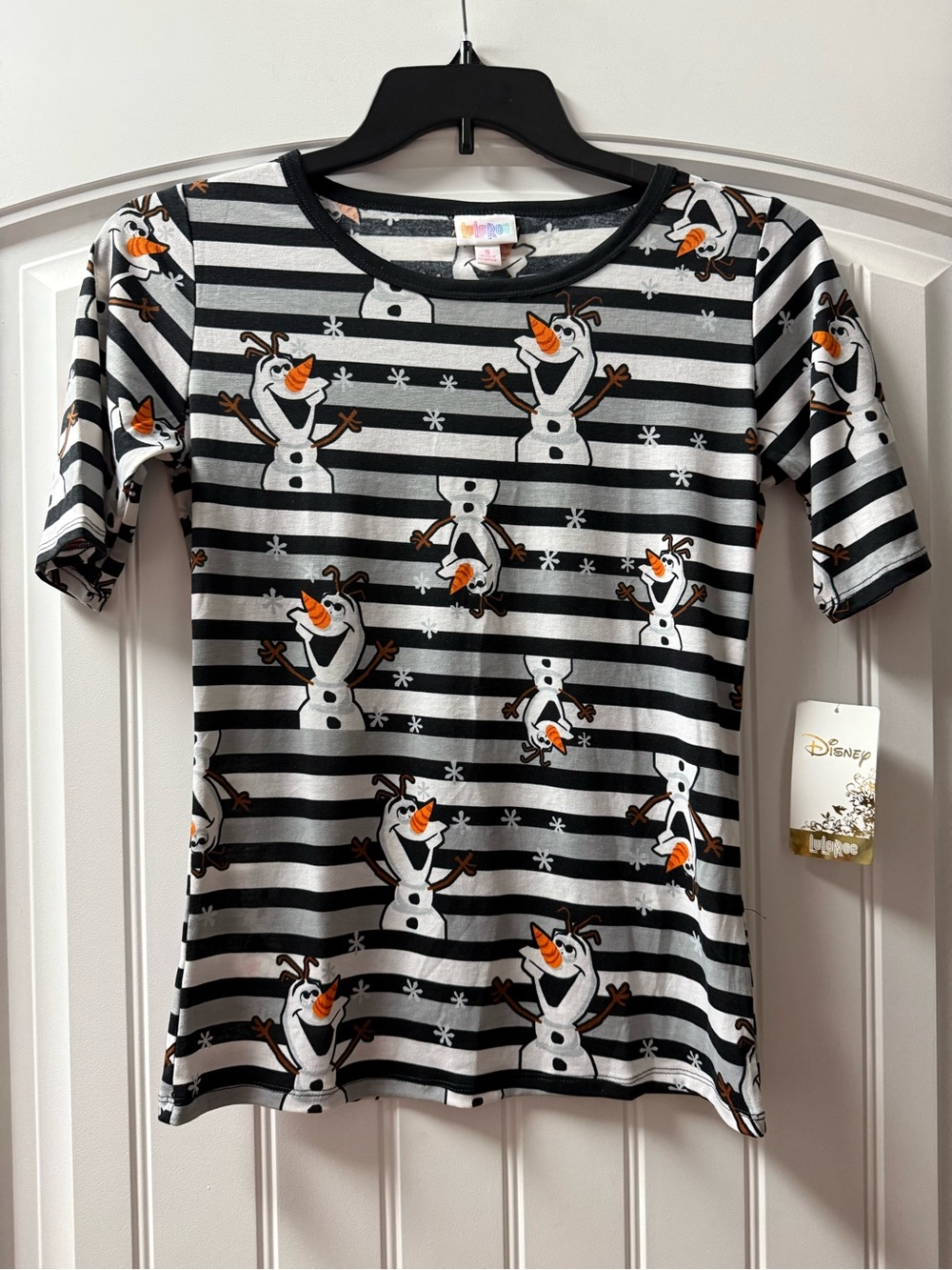 LuLaRoe Black, White & Orange Olaf Stripe Tee